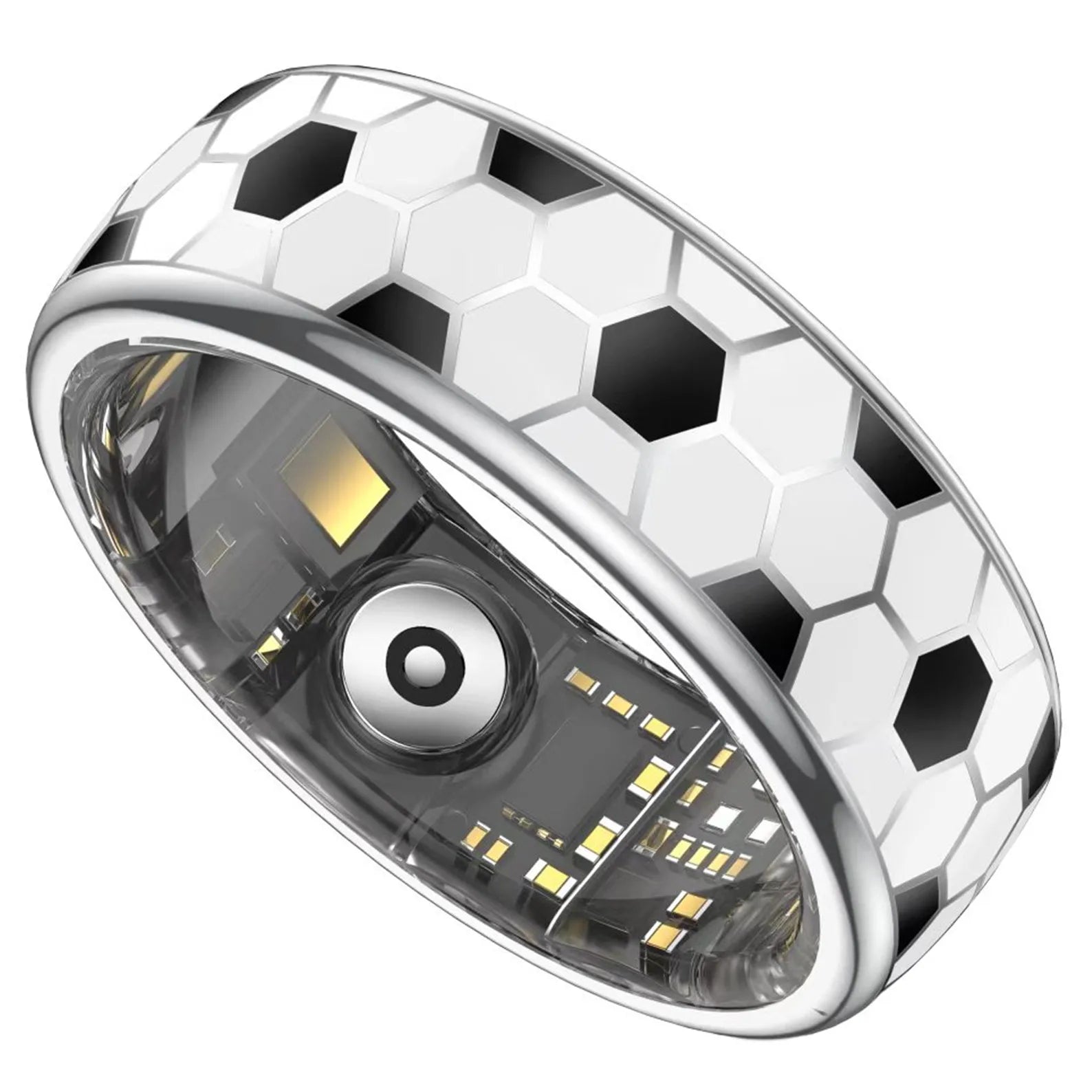 Smart fitness ring with a black and white football-style pattern and silver trim, showing internal tracking sensors.