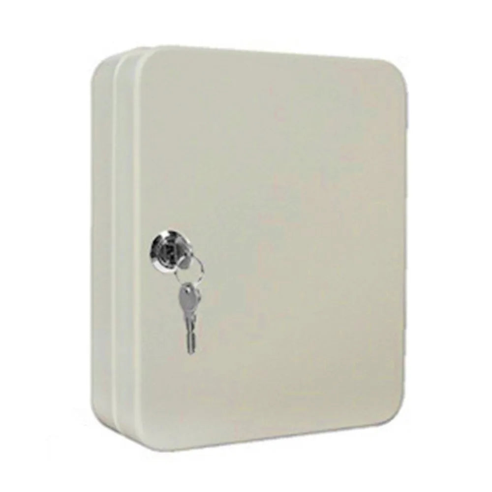 Off-white metal key cabinet with a front door, built-in lock, and an inserted key.