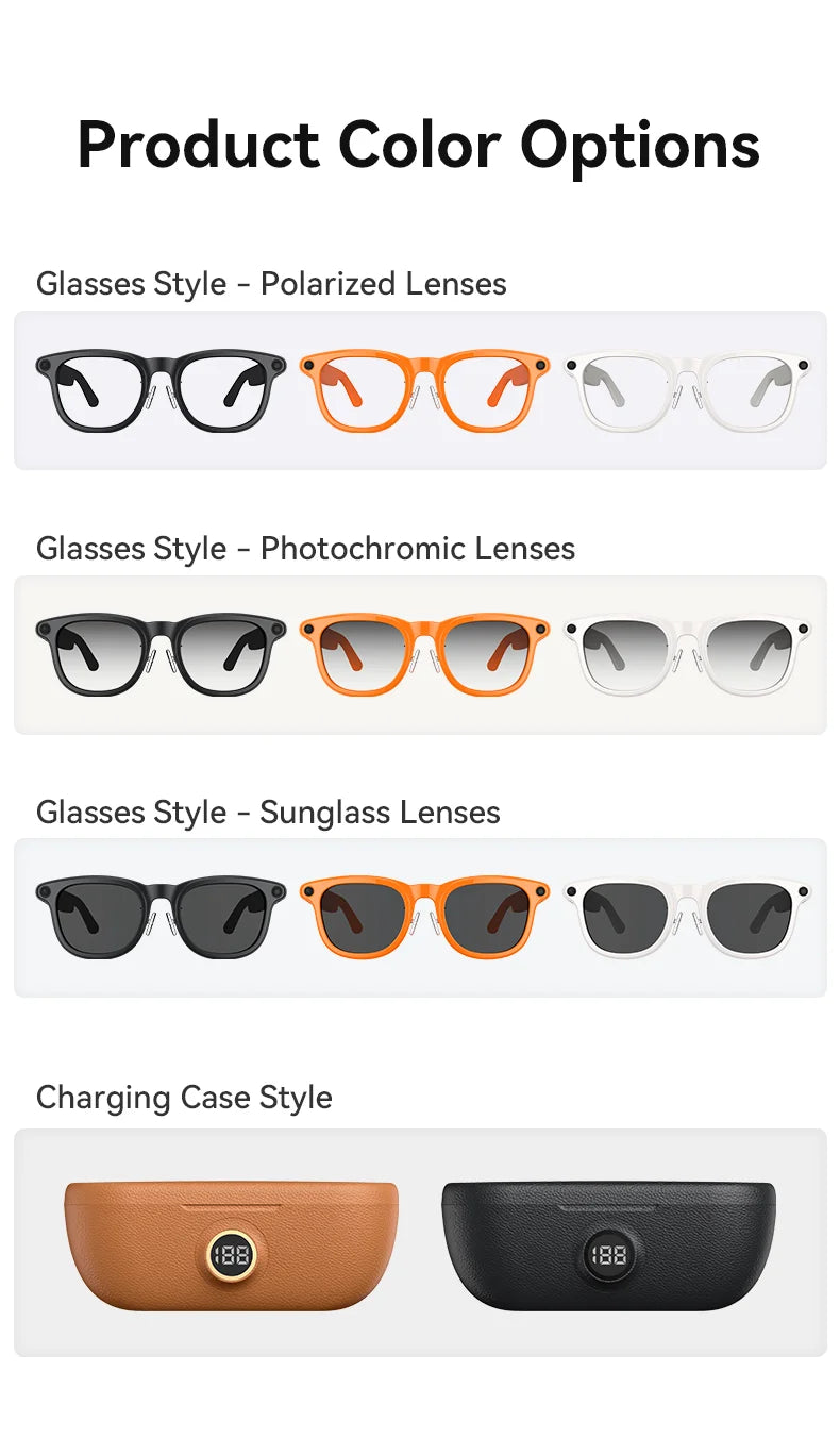 AI camera glasses in black, orange, or white with various lens types and leather-look charging cases.
