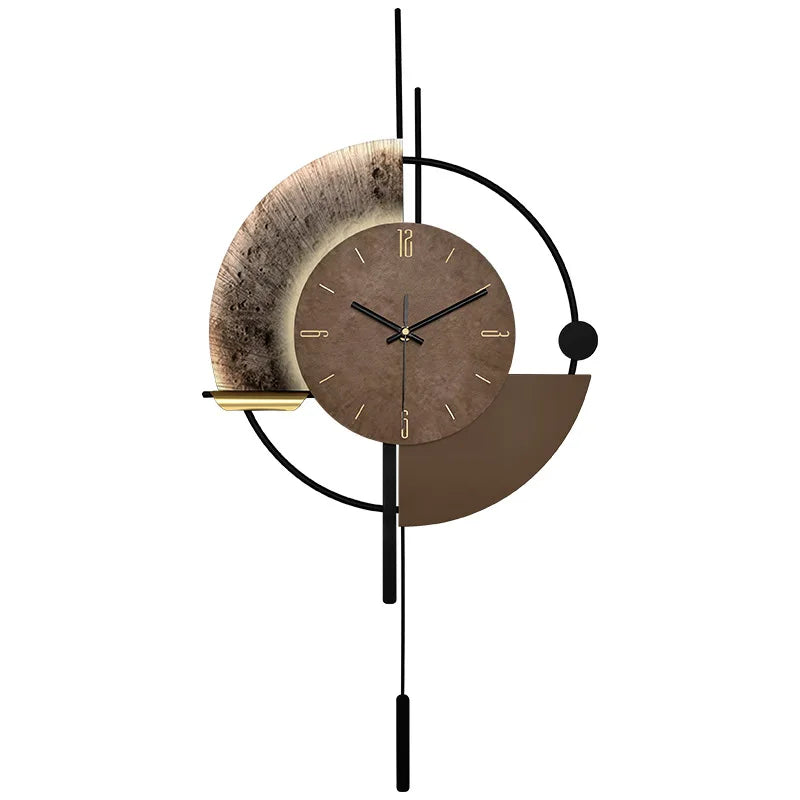 Modern minimalist wall clock featuring a brown circular face, textured gold accents, and a black geometric pendulum.