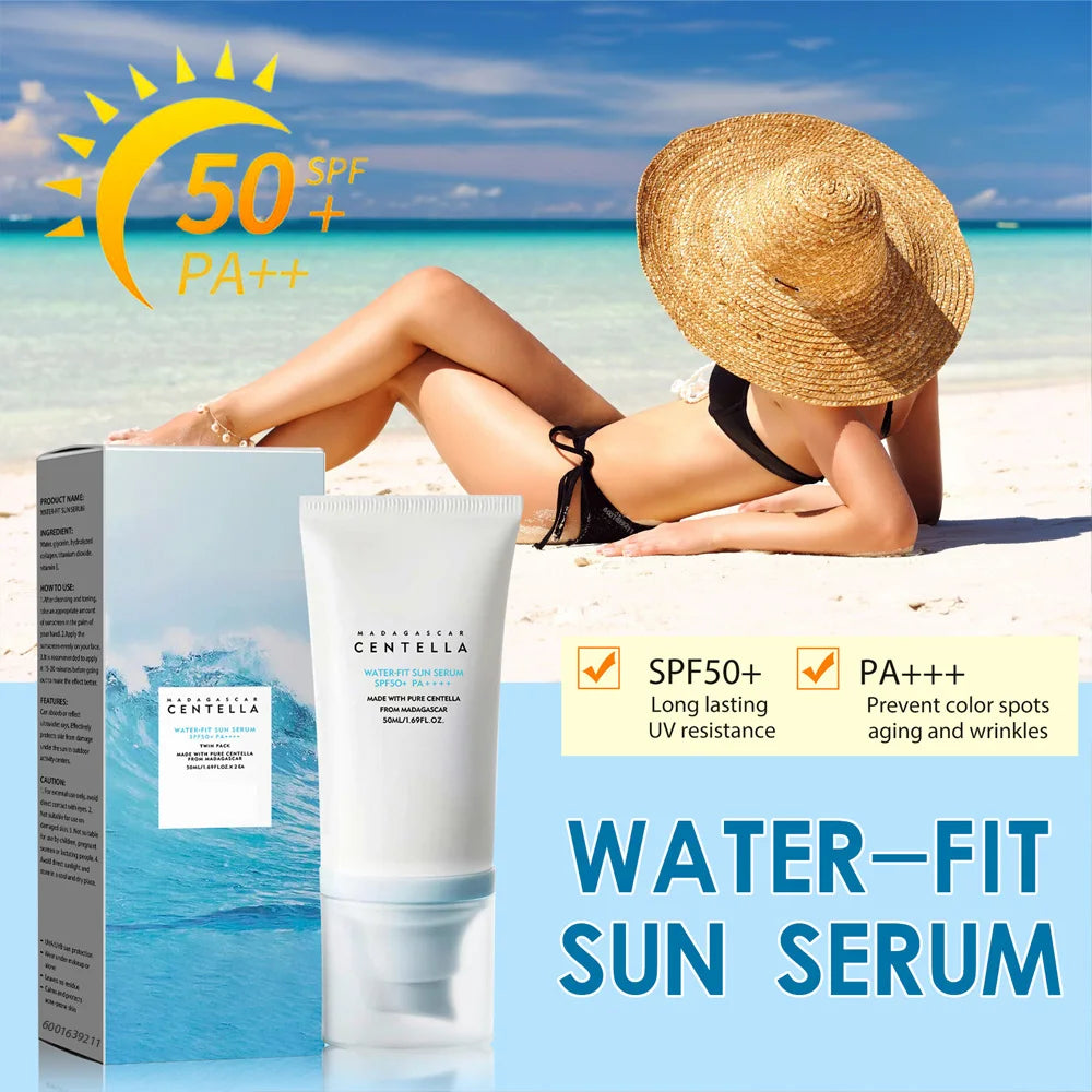 White tube of SPF 50+ PA++++ water-fit sun serum with product box against a beach background.