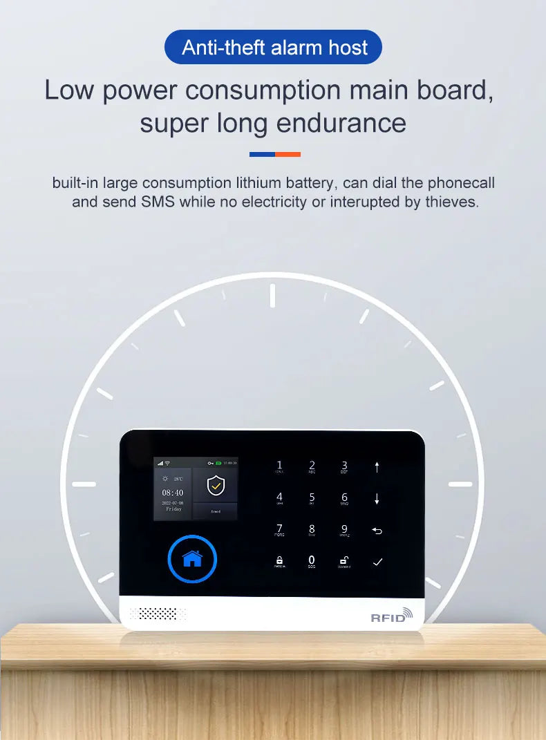 White and black smart home security alarm panel with a digital touchscreen, keypad, and built-in RFID reader.