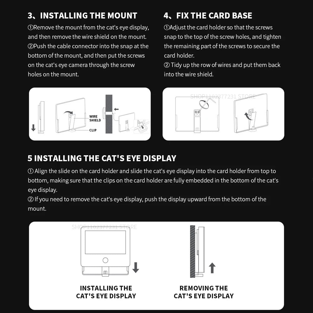 Installation guide for a smart video doorbell with a 5-inch screen, showing mount and display attachment steps.