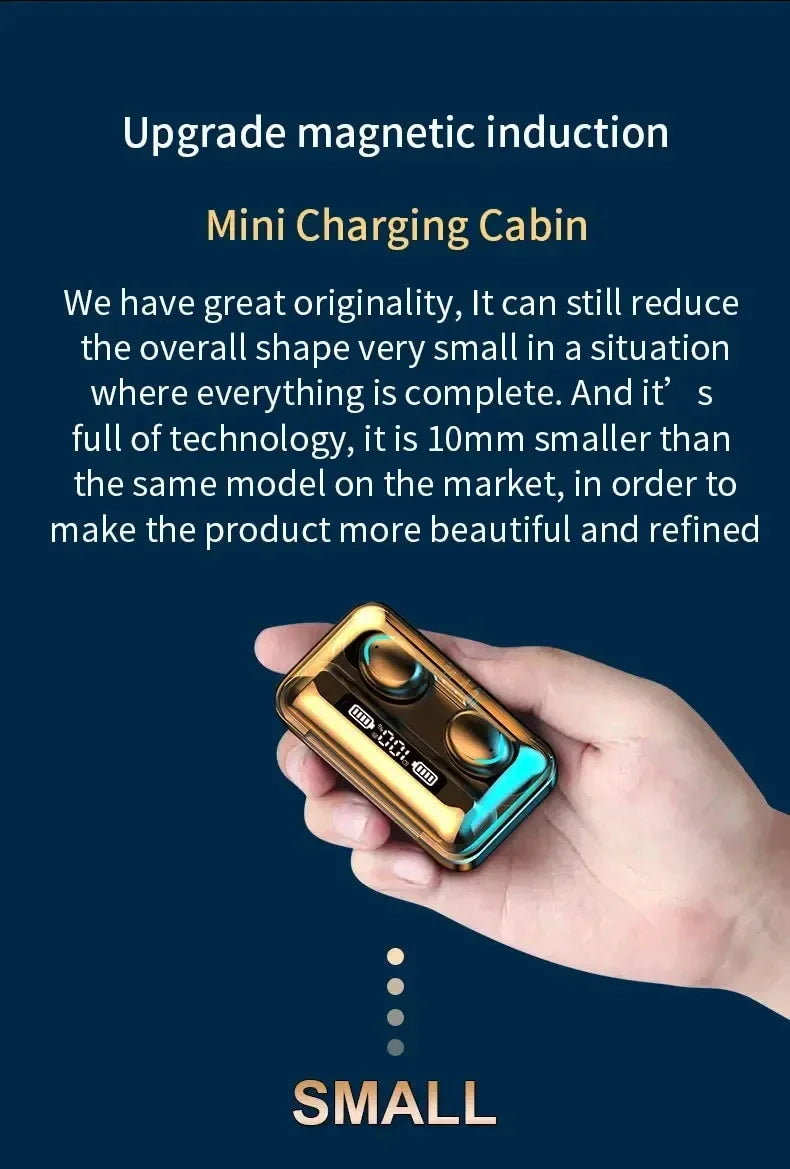 Compact, metallic gold wireless earbud charging case with a digital battery display held in a palm.