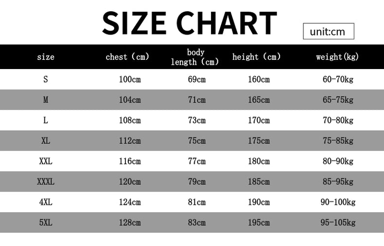 Size chart for men's high-visibility long-sleeve polo shirt, showing chest, length, height and weight in centimetres.