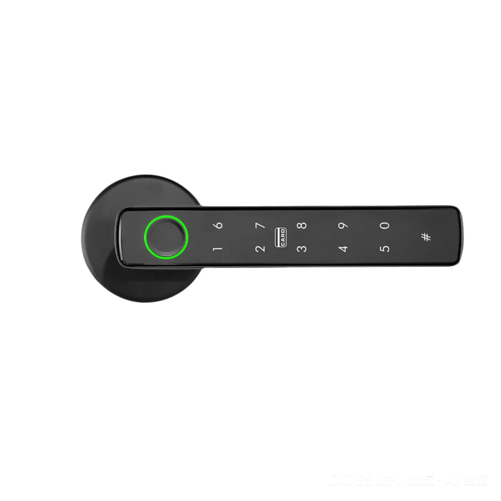 Black smart door handle with a circular fingerprint scanner, numeric keypad, and card reader icon.