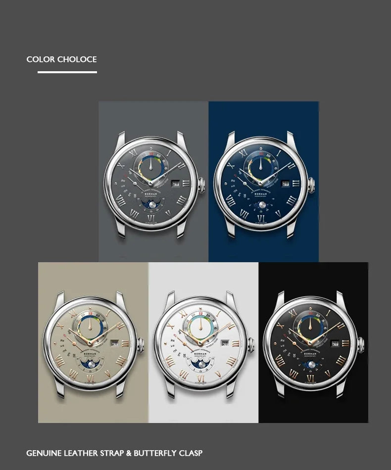 Five automatic mechanical watches with Roman numerals, moon phase dials, date windows, and genuine leather straps.