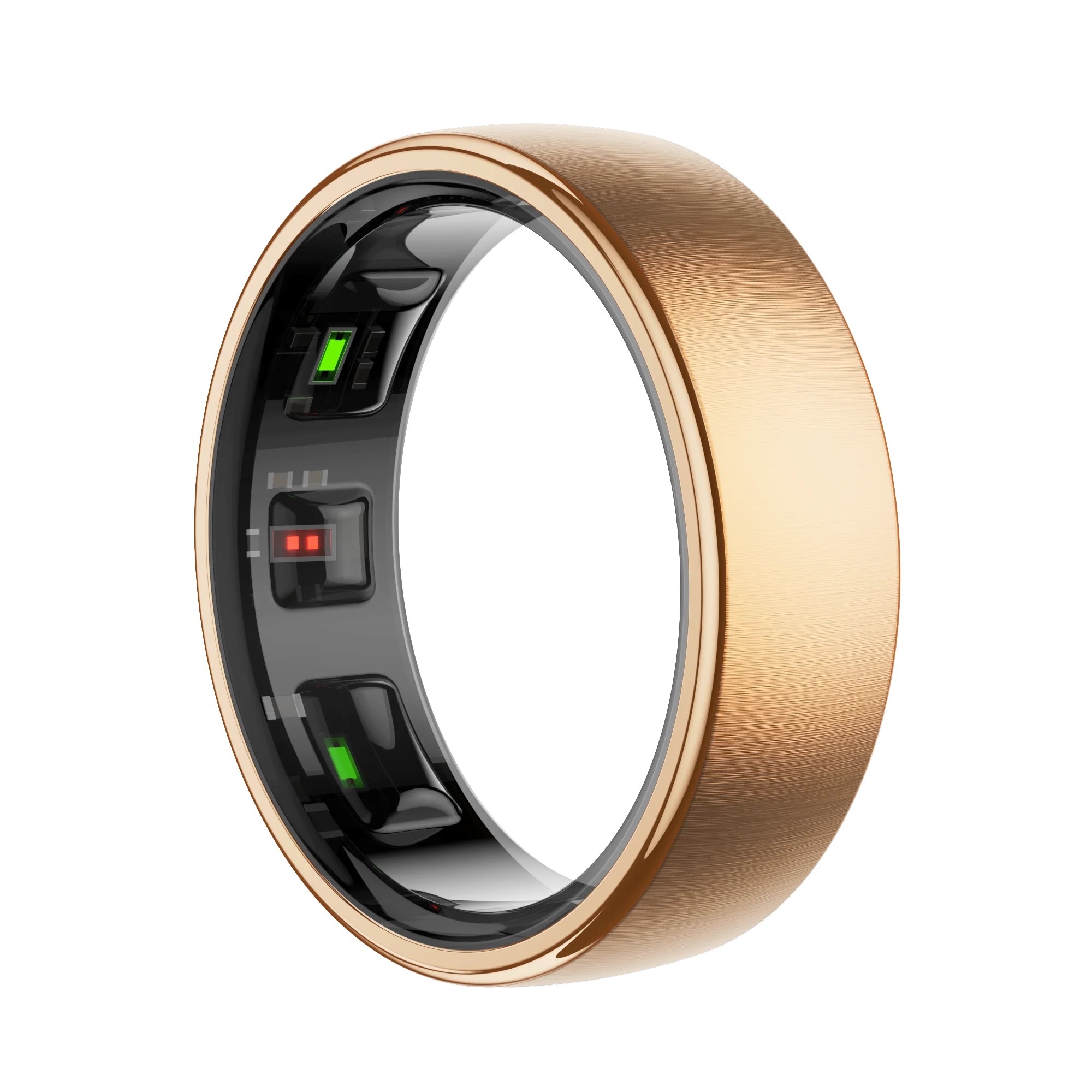 Brushed gold smart fitness ring with interior health sensors showing green and red glowing lights against a black background.