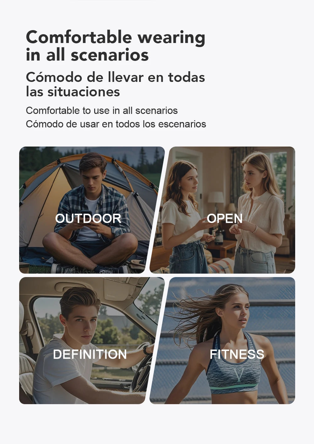 Collage showing people in various scenarios including camping, socializing, driving, and exercising, with labels.