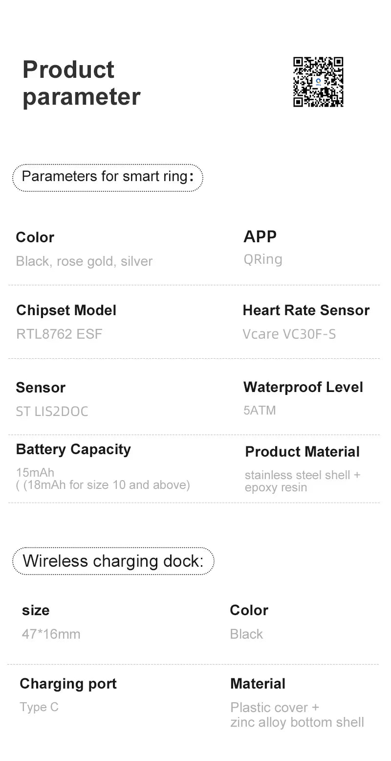 Product specification table for a smart fitness ring, available in black, rose gold, and silver.