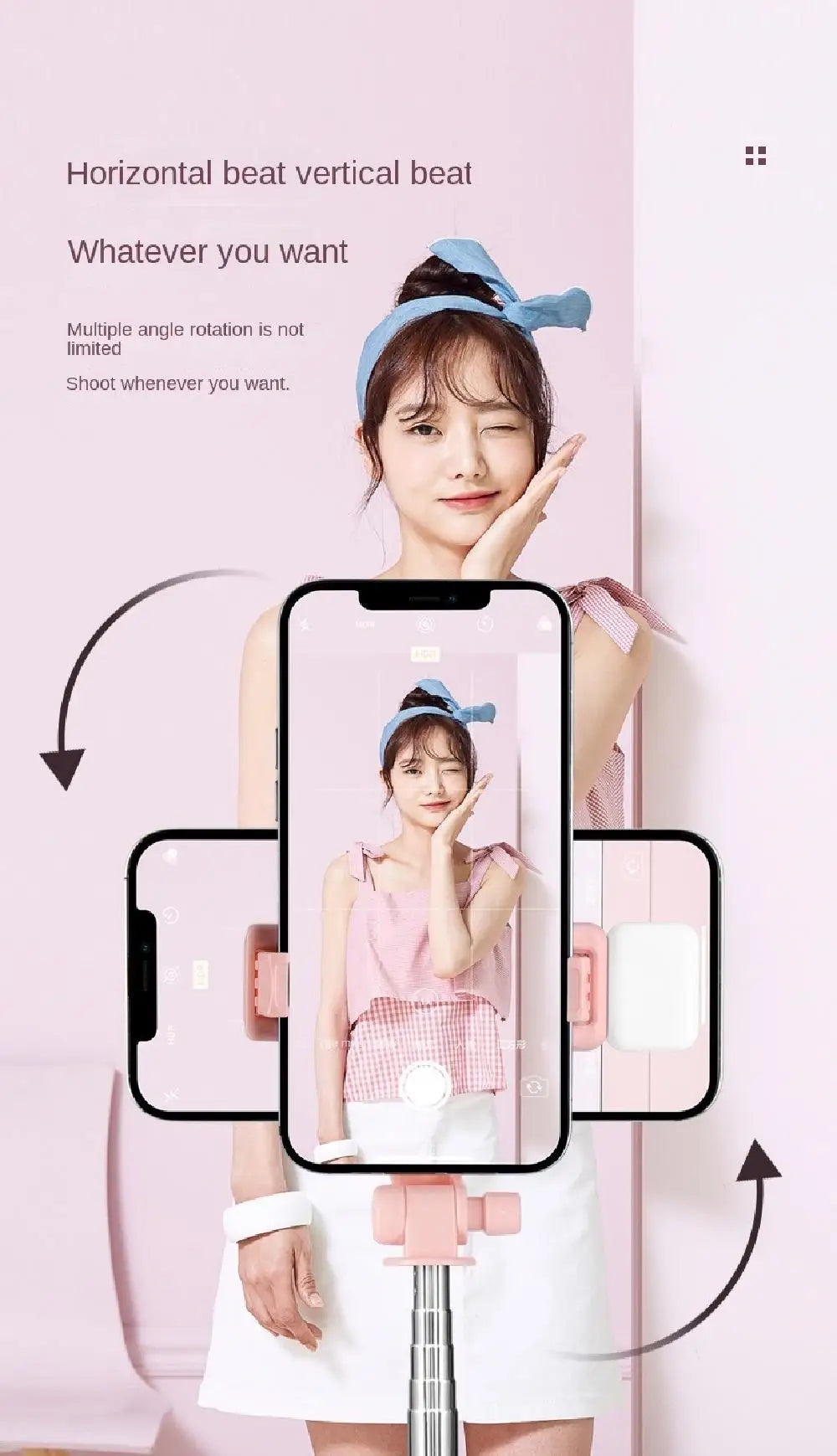 Pink smartphone tripod stand with 360-degree rotation for portrait and landscape photography.