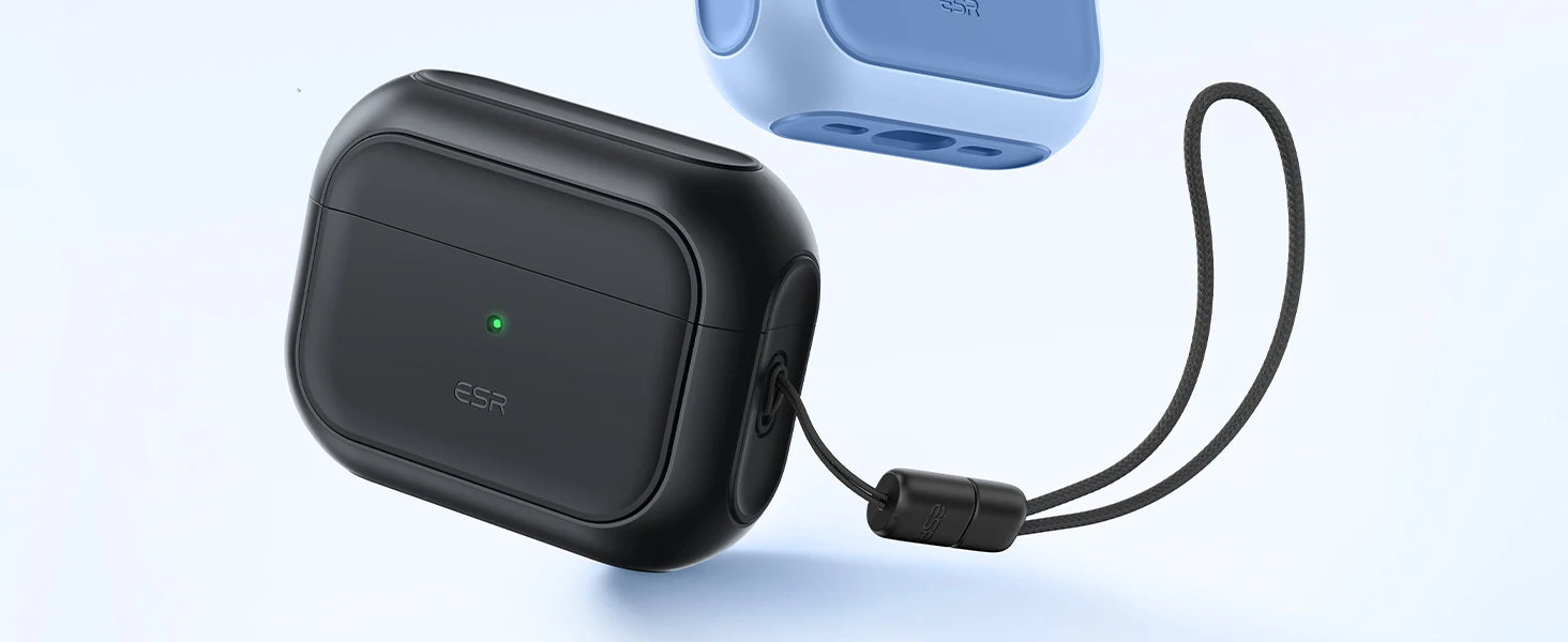 Black and blue protective cases with lanyards for AirPods Pro, featuring a sleek, durable matte finish.