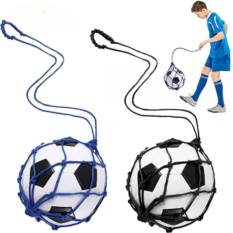 Two footballs in blue and black net carry straps, with a young boy demonstrating solo training practice.