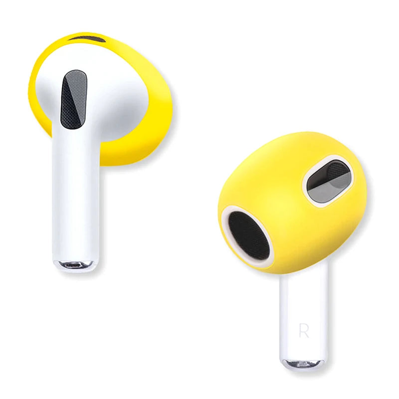 Yellow silicone protective skins for Apple AirPods 3. Earbud covers shown on white AirPods.