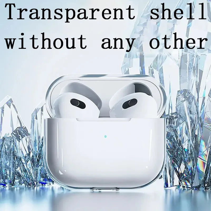 Clear, transparent protective case for AirPods 3 against a crystal background.