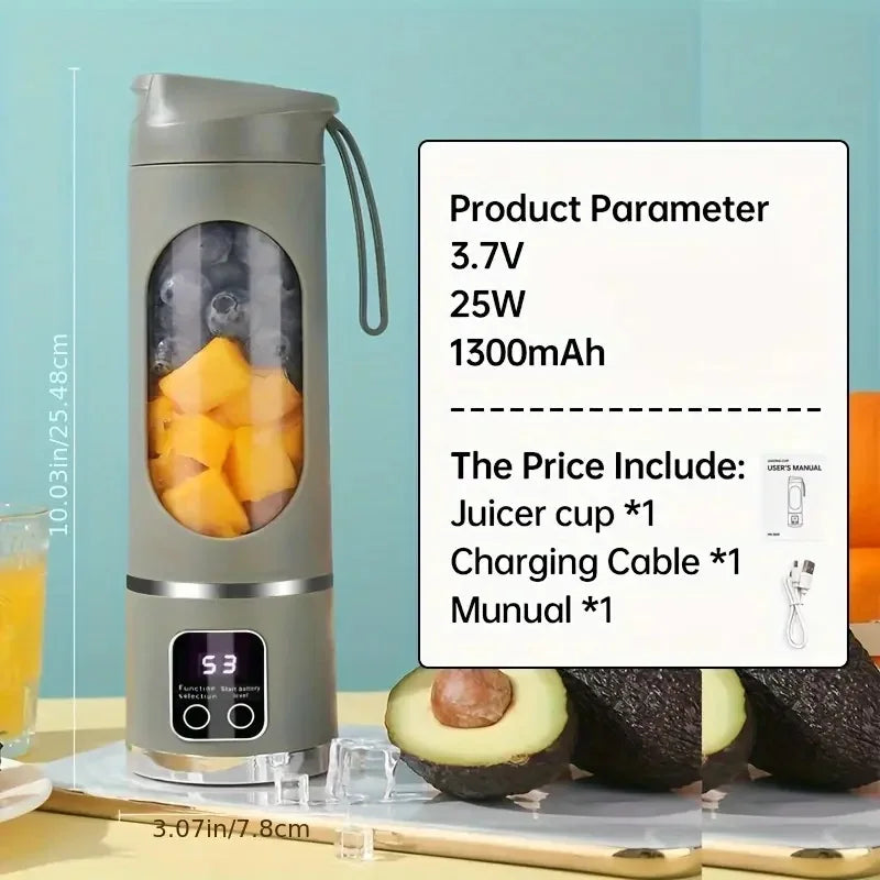 Portable grey smoothie blender with a digital display, viewing window, and integrated carrying strap.