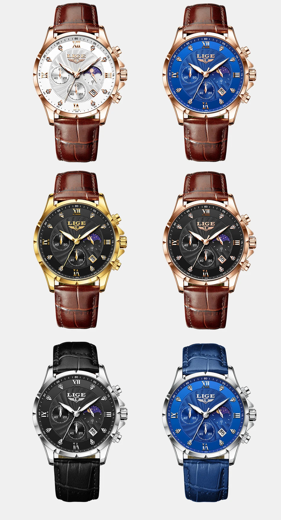 Six men's classic chronograph quartz watches with diverse face colours and leather straps in a grid layout.