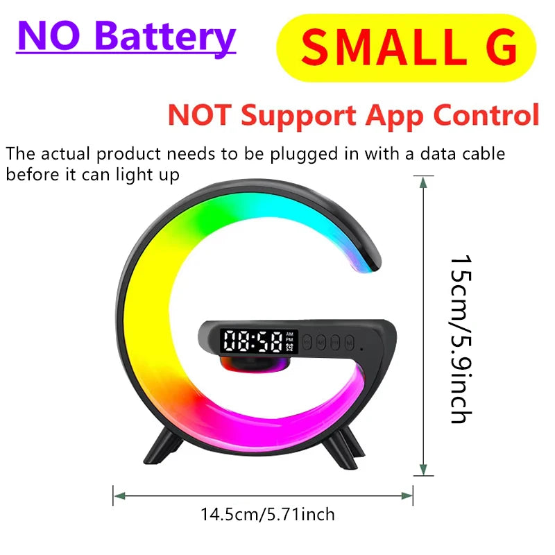 G-shaped black speaker with vibrant RGB LED light, integrated digital clock, and wireless charging base.