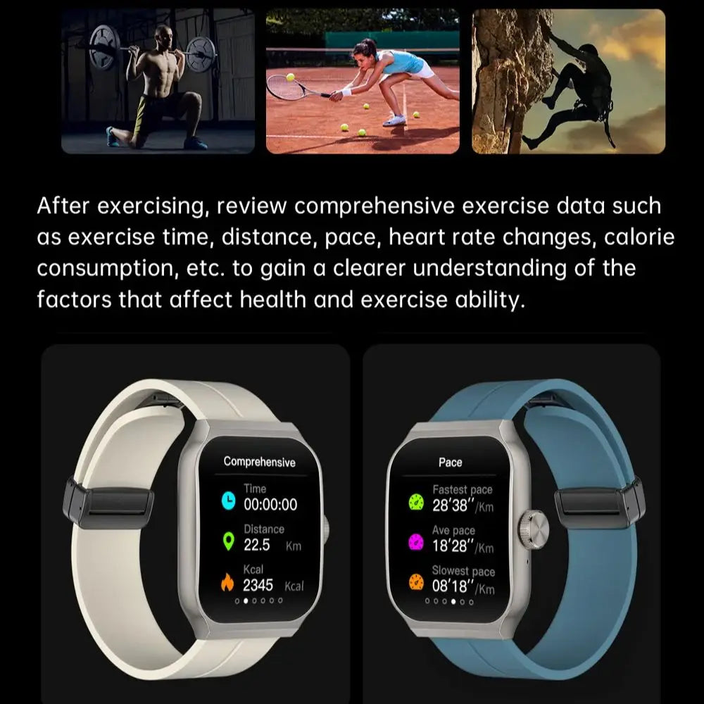 Two smart watches with 2.01-inch screens, silicone straps in white and blue, displaying fitness tracking data.