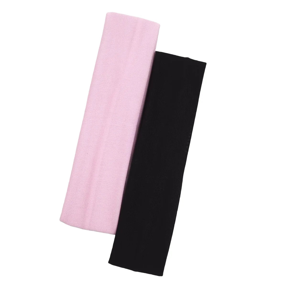 Two soft, plain headbands in light pink and black, presented vertically against a white background.
