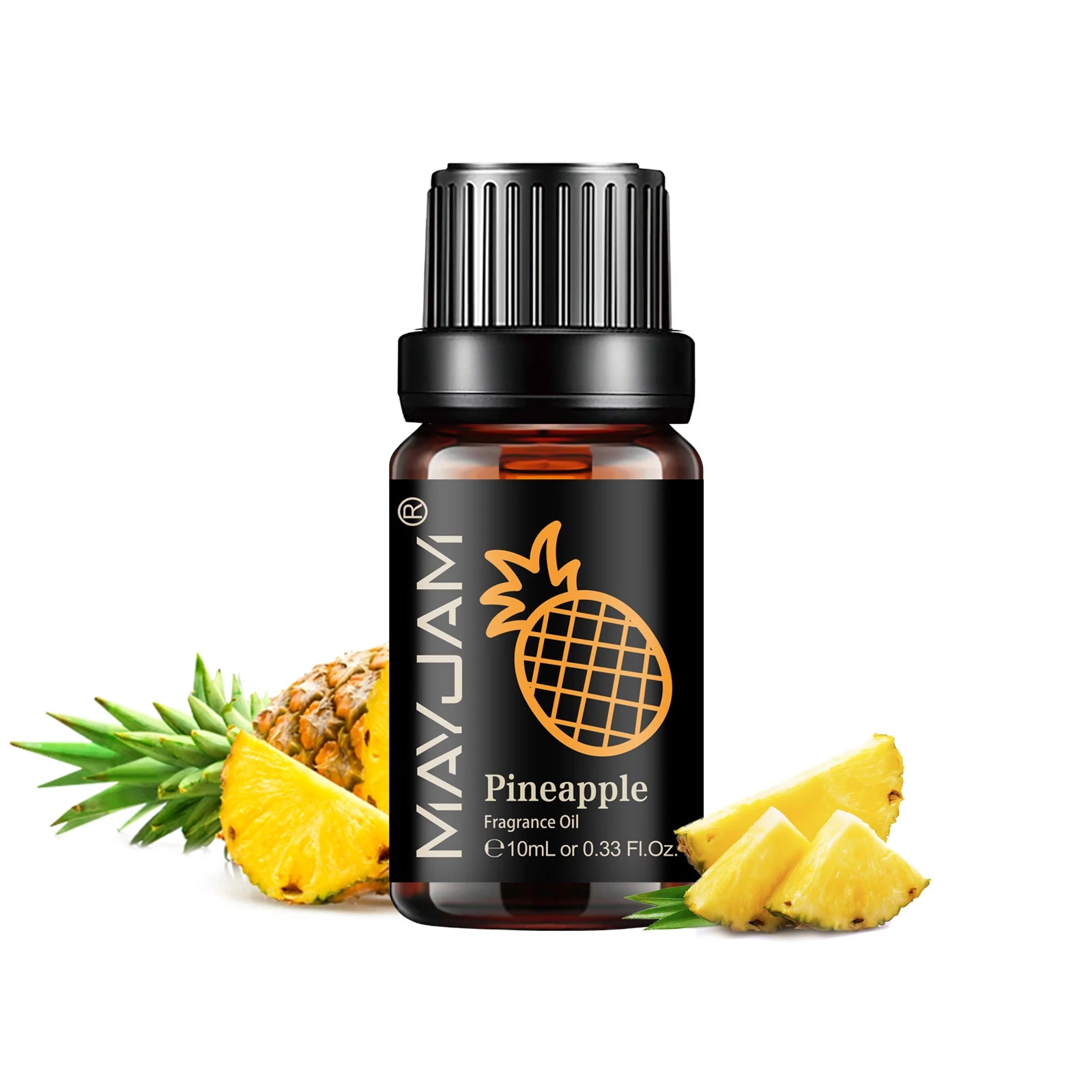 10ml amber glass bottle of pineapple fragrance oil with a black cap, surrounded by fresh pineapple slices.