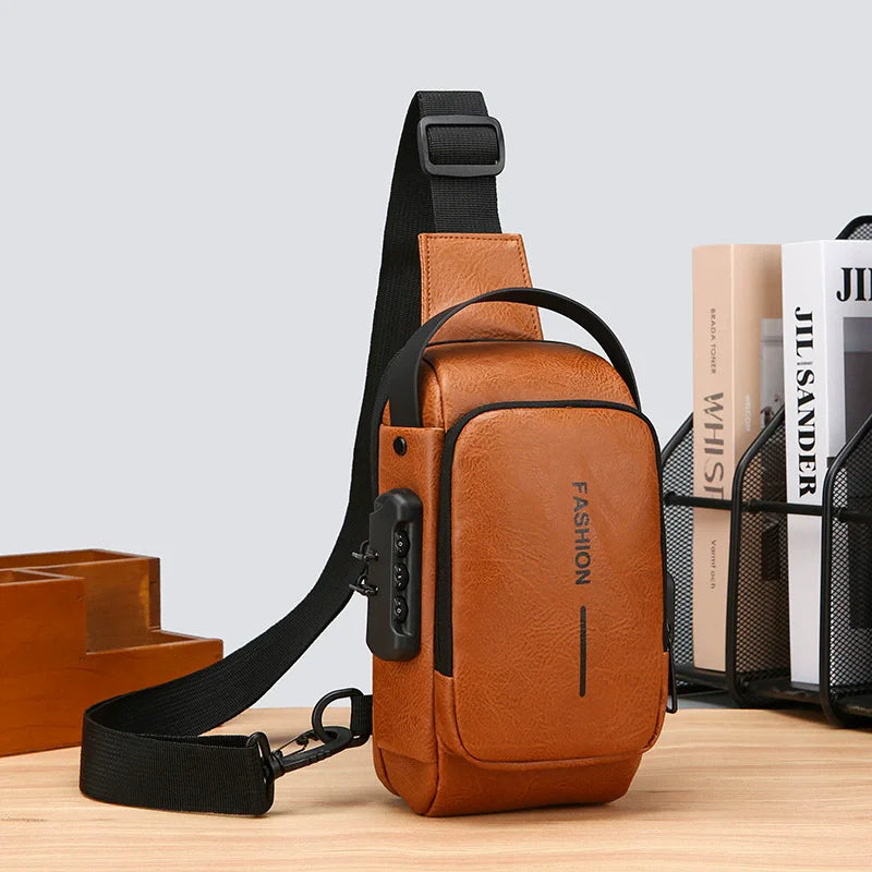 Tan brown faux leather crossbody sling bag with a black adjustable strap, combination lock, and side USB port.