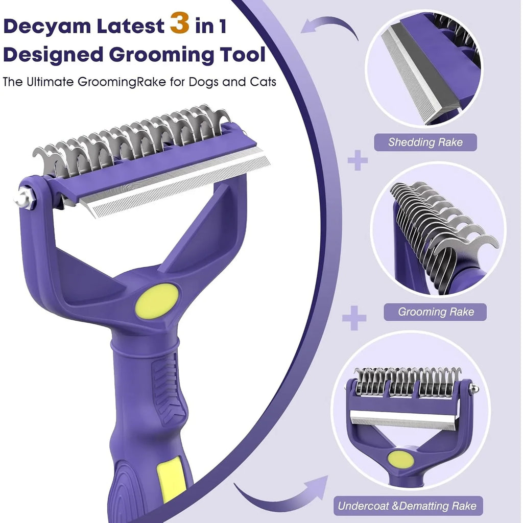 Purple 3-in-1 pet grooming rake with dual-sided metal blades and ergonomic handle for deshedding thick undercoats.