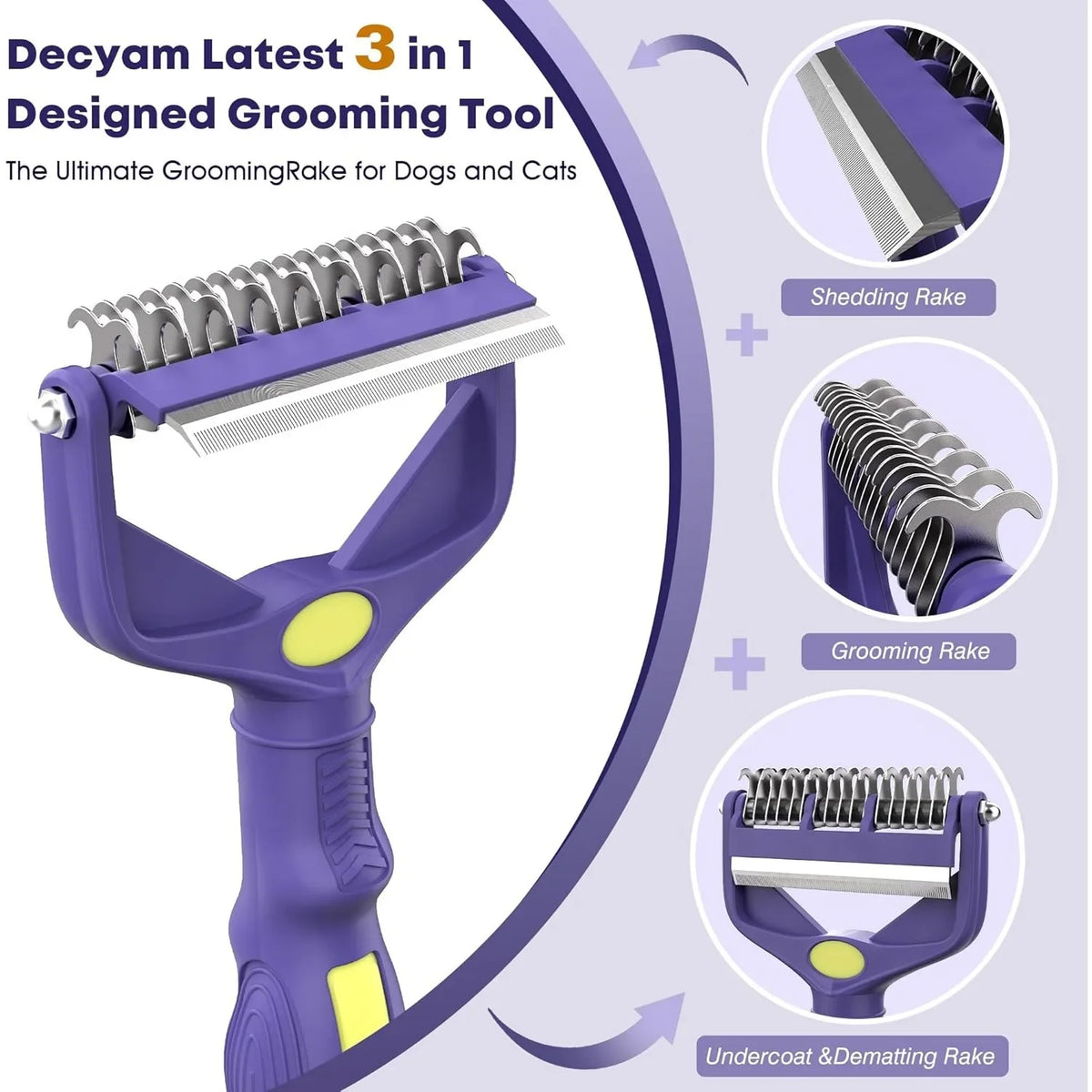 Purple 3-in-1 pet grooming rake with dual-sided metal blades and ergonomic handle for deshedding thick undercoats.