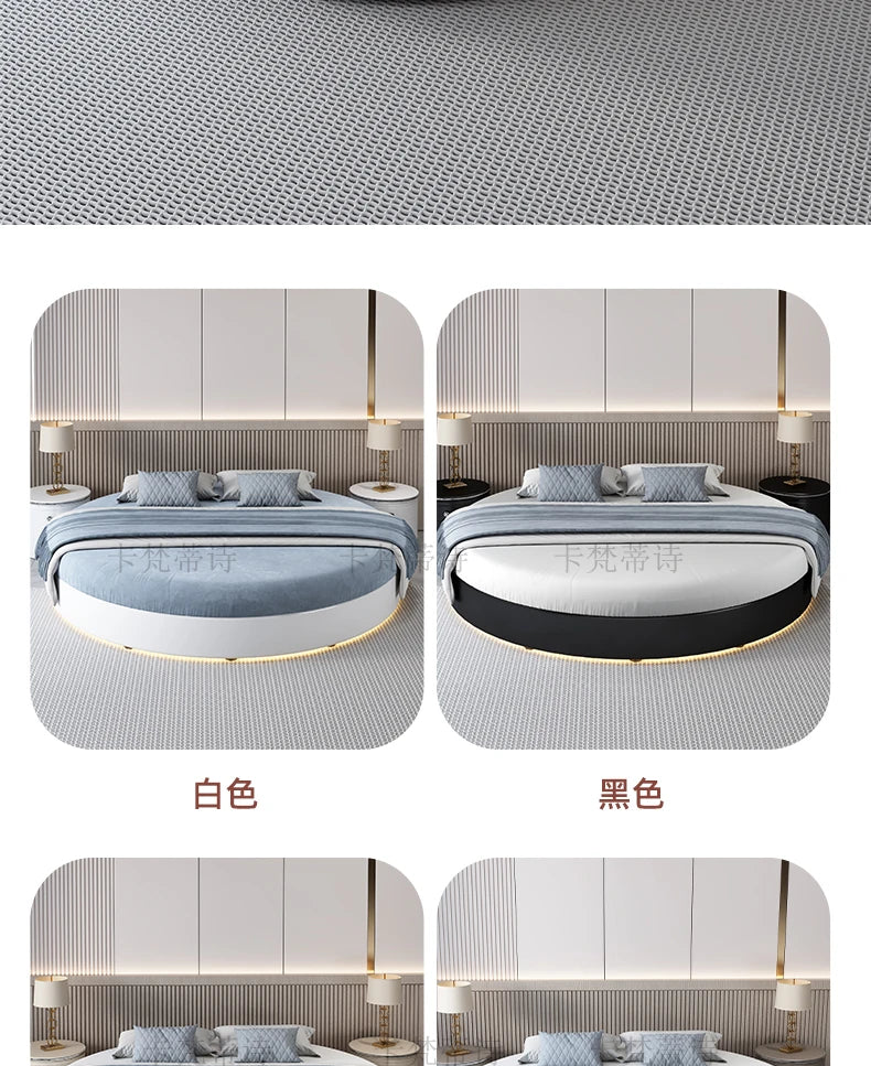 Modern circular double bed frames in white or black with minimalist styling and ambient base lighting.