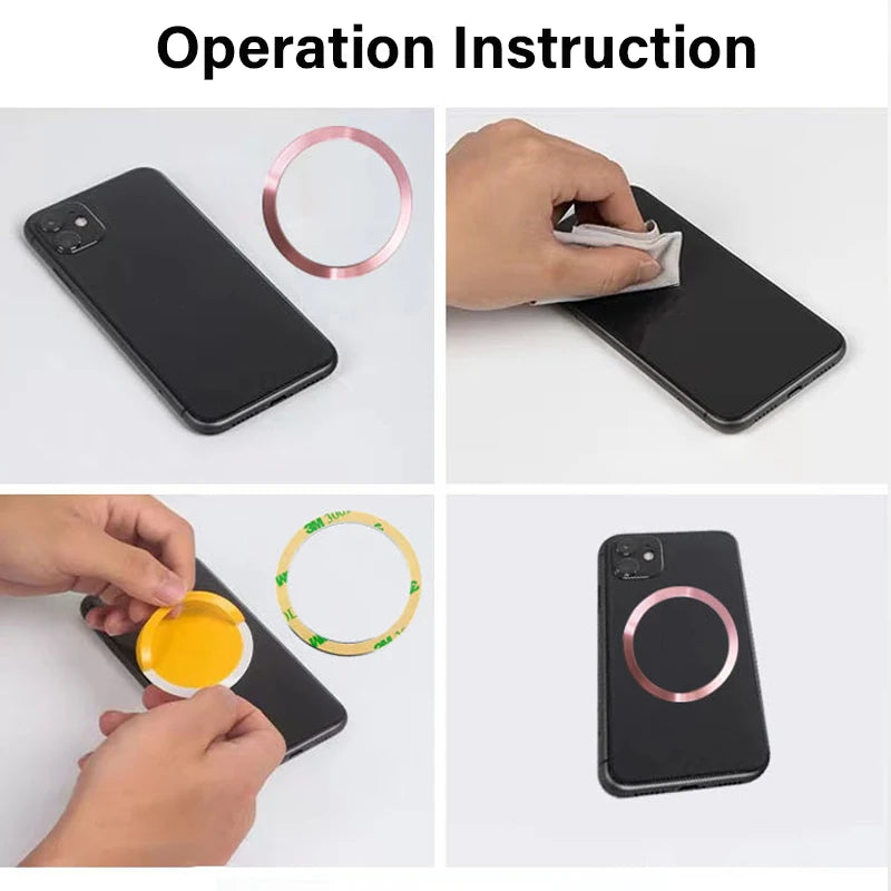 Instructions for applying a rose gold adhesive magnetic ring to the back of a black smartphone.