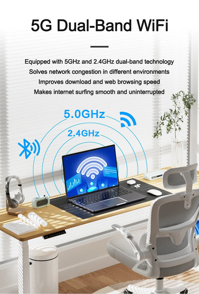 Sleek 15.6-inch grey laptop on a desk, highlighting 5G dual-band Wi-Fi connectivity for fast, smooth browsing.