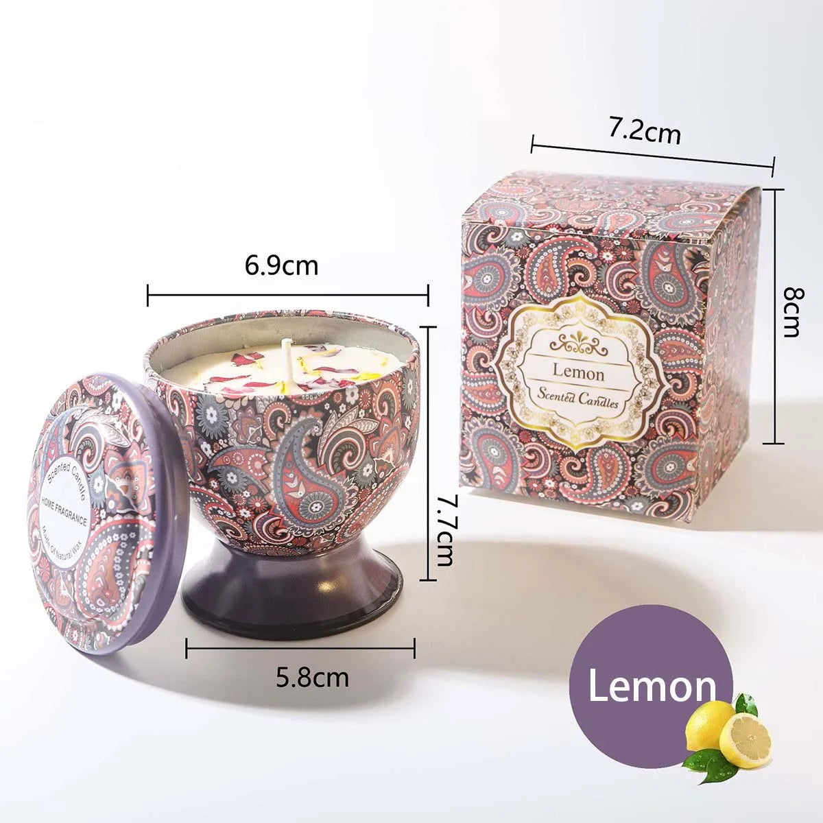 Lemon-scented candle in a decorative paisley patterned metal tin with lid and matching gift box, including dimensions.