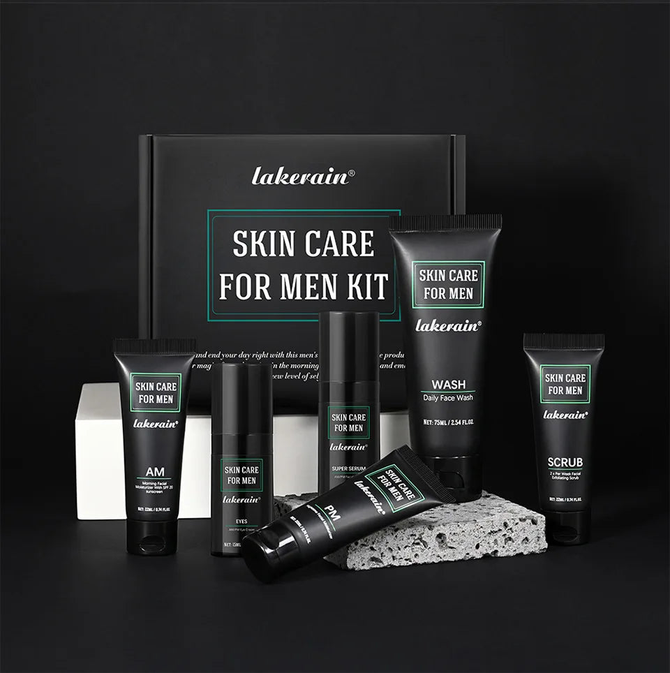 Men’s skincare kit with black tubes and boxes featuring white and teal labels for face wash, moisturizer, and serum.