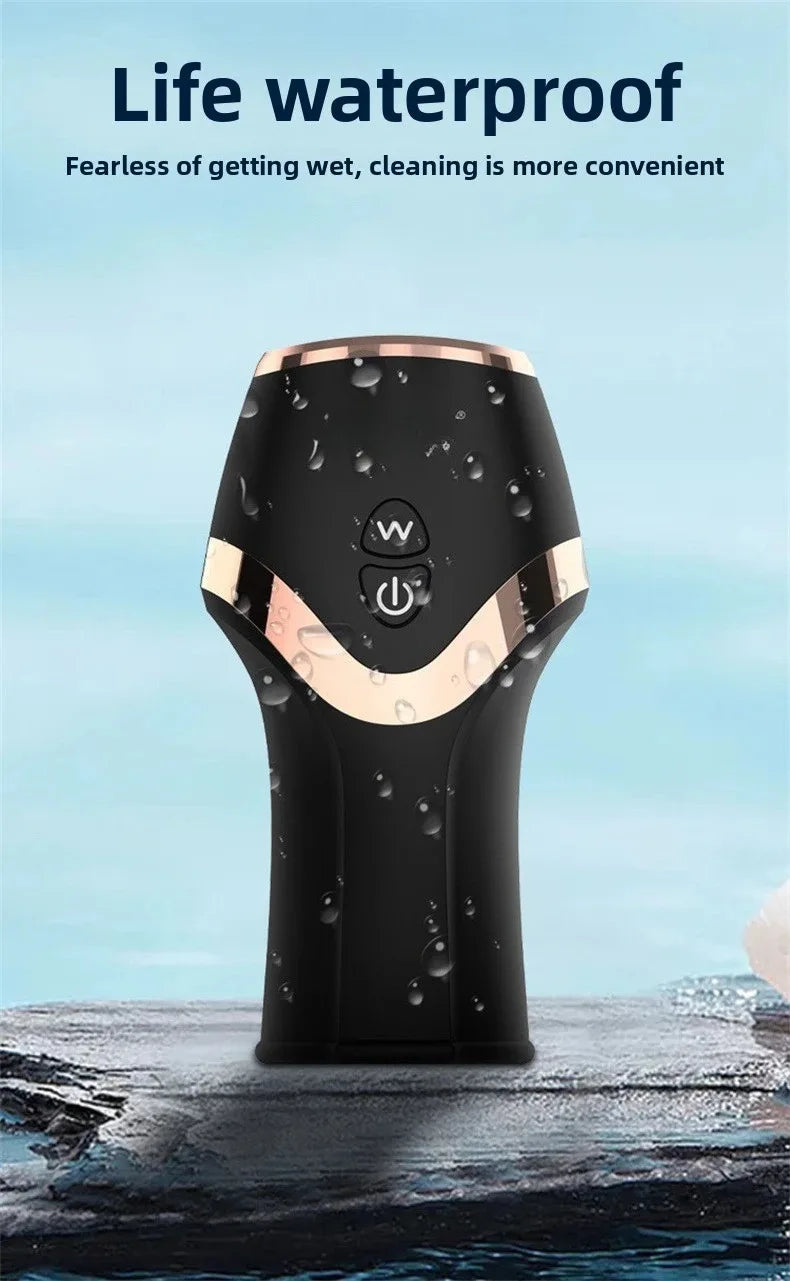 Waterproof matte black masturbation cup with rose-gold accents, two control buttons, and 12 vibration modes.