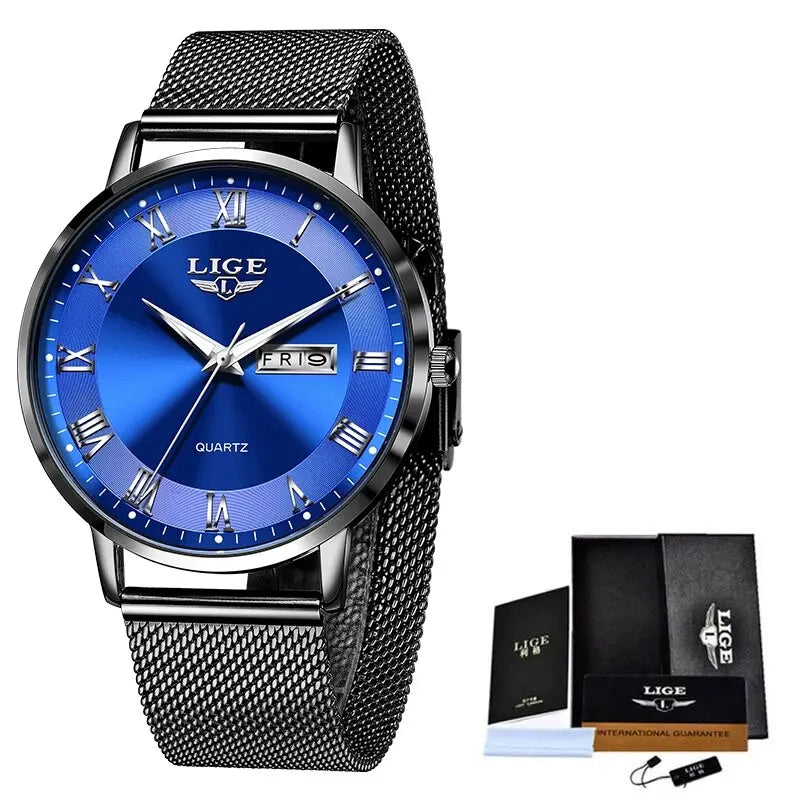 Elegant women's watch with a bright blue dial, Roman numerals, and a black stainless steel mesh bracelet strap.