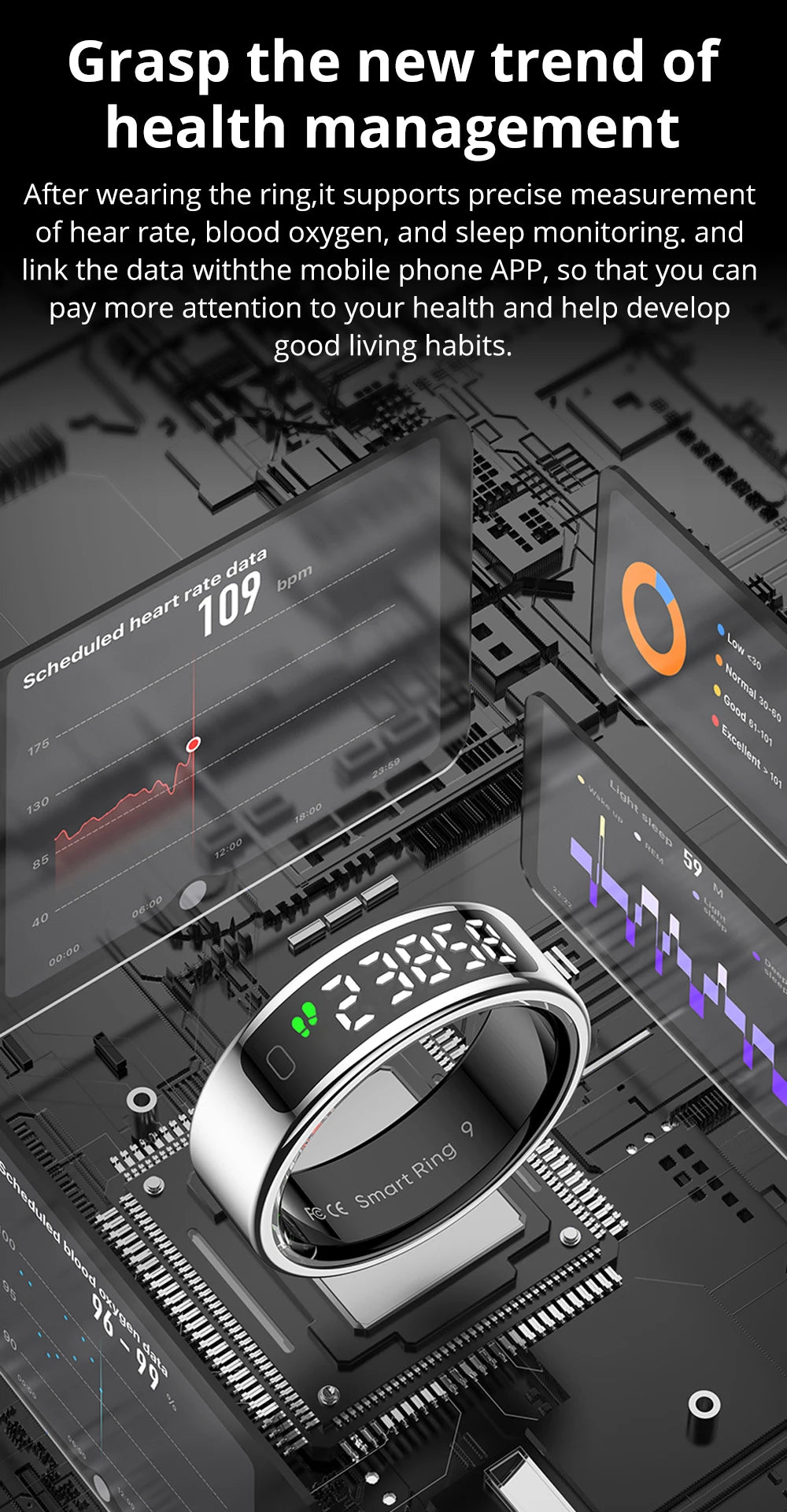 A sleek silver smart ring with a digital display, shown against a tech background with health monitoring data overlays.