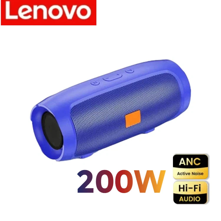 Blue portable wireless speaker with cylindrical mesh design, top-mounted buttons, 200W output, ANC, and Hi-Fi audio.