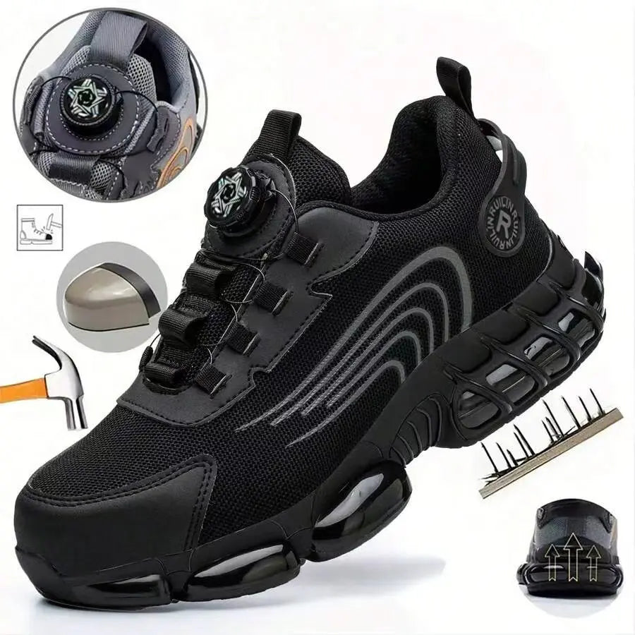 Black men's steel-toe work trainers with dial-fastening, breathable mesh upper, and puncture-proof soles.