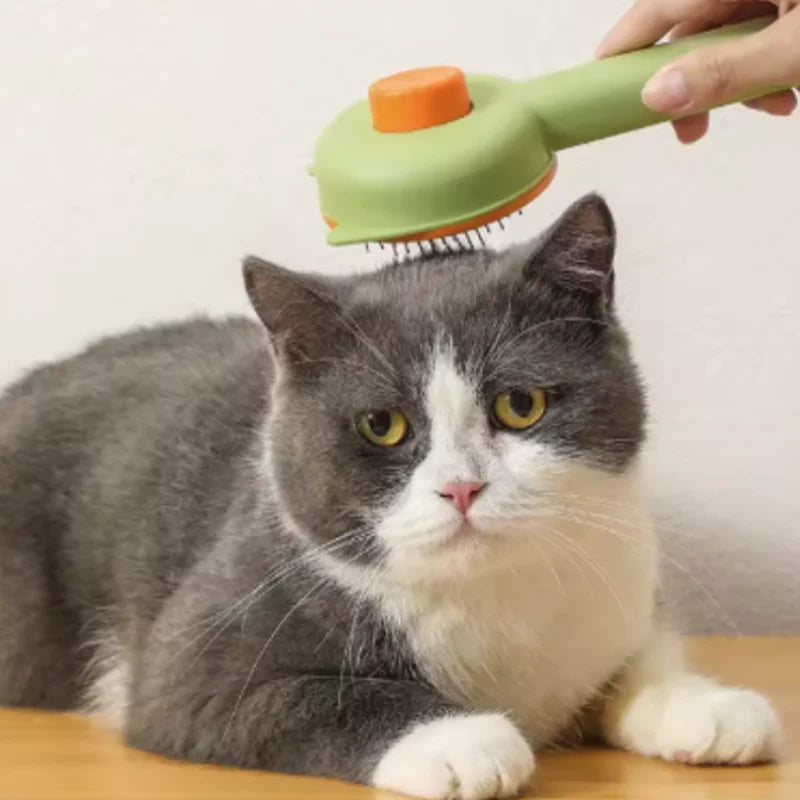 A person uses a sage green self-cleaning pet brush to groom a grey and white cat.