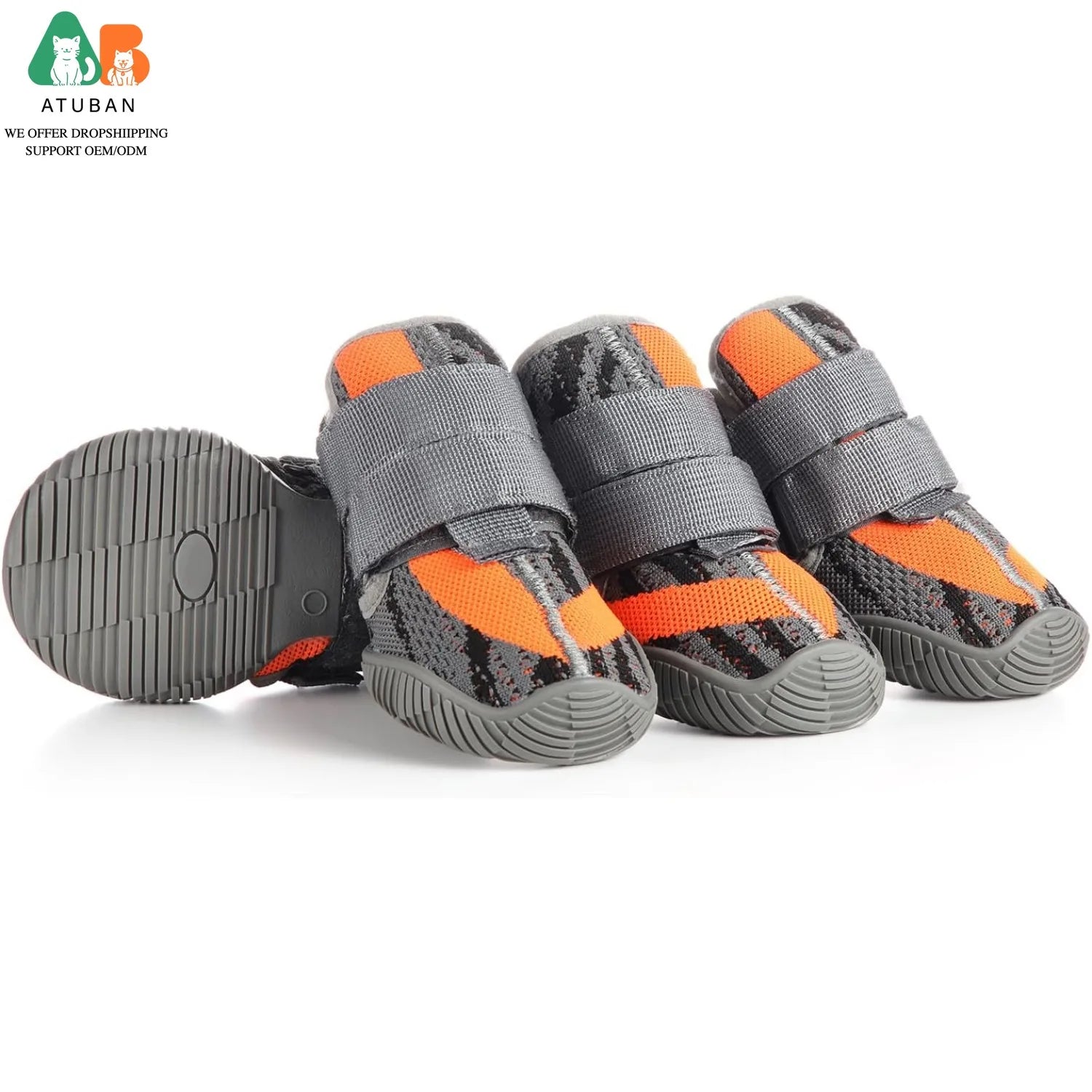 Orange and grey breathable dog boots with rugged non-slip rubber soles and secure velcro straps.
