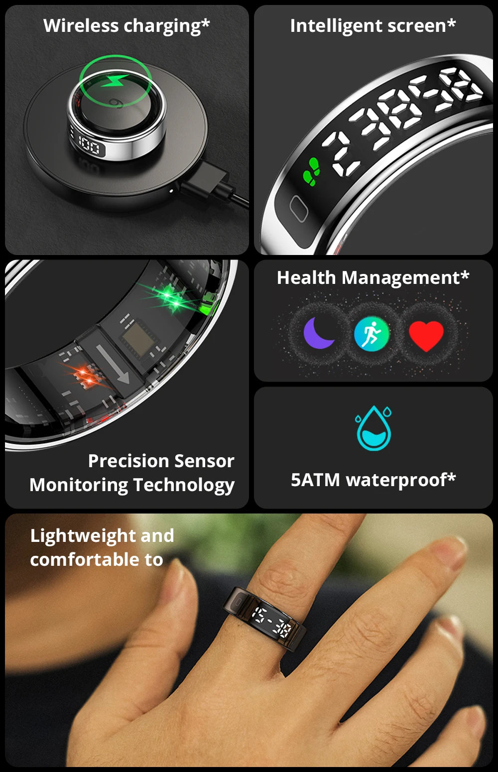A sleek black smart ring with a digital display, featuring wireless charging, health tracking, and waterproof design.