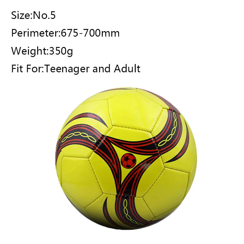 Size 5 football in bright yellow with black and red swirling graphic details, suitable for teenagers and adults.