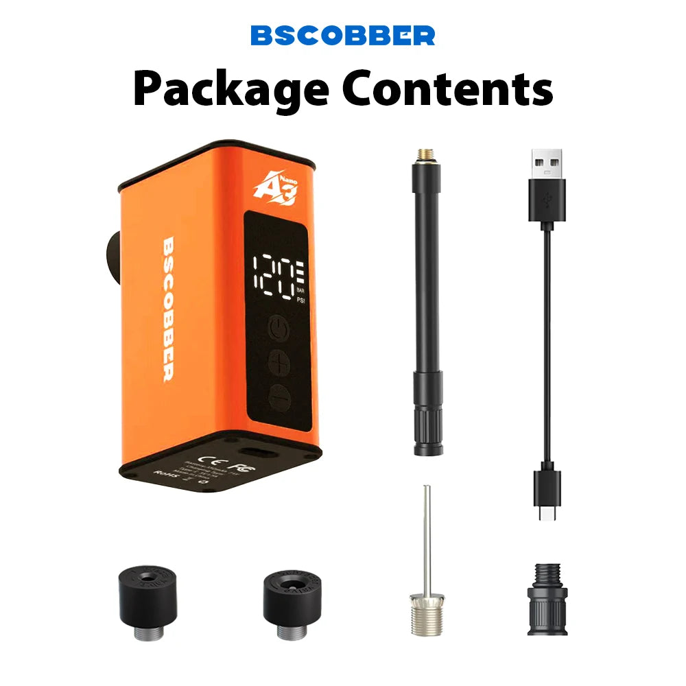 Orange BSCOBBER A3Nano mini electric air compressor with digital display, charging cable, and valve adapters.