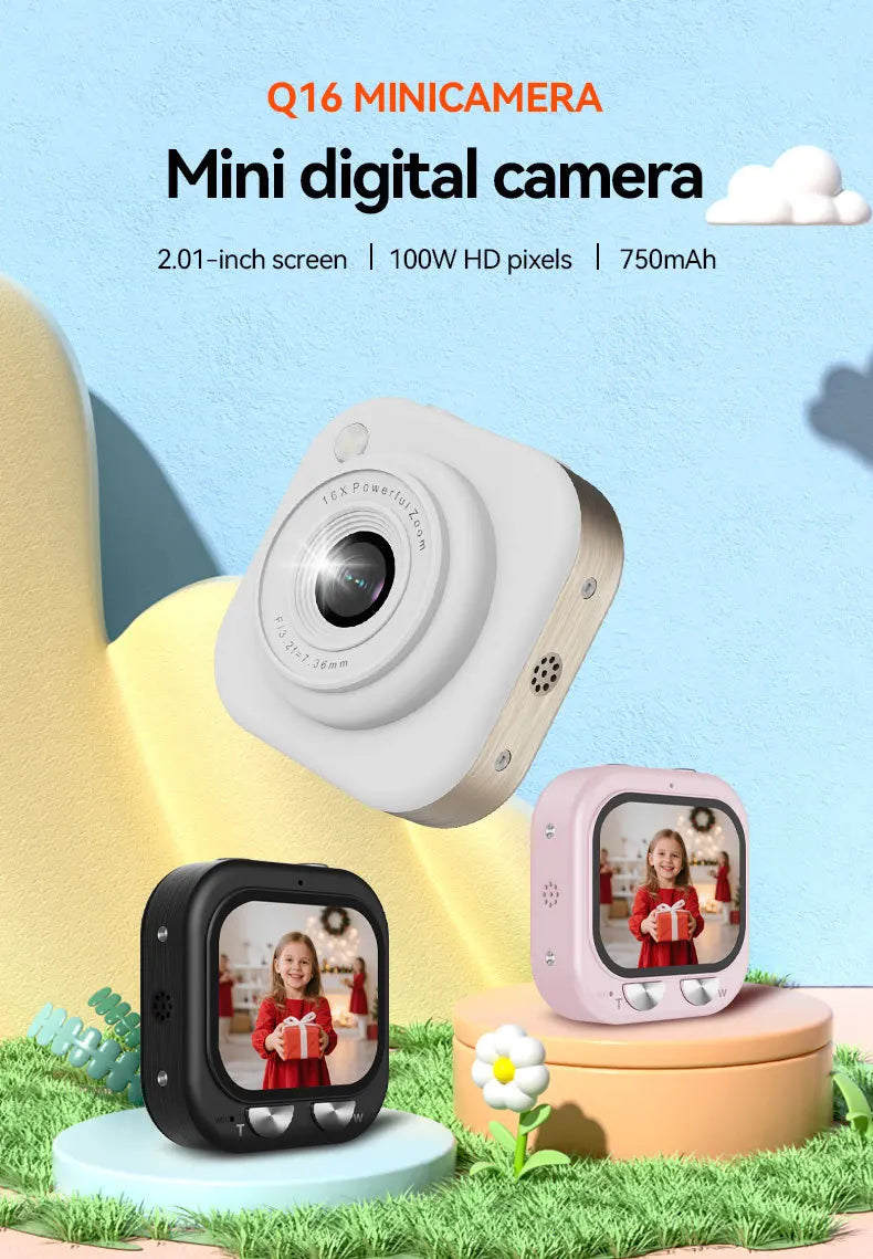 Small, square digital cameras in black, white, and pink with a 2-inch screen and 100W pixel lens.