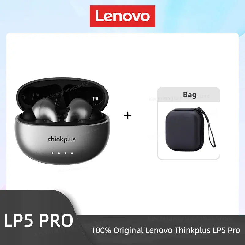 Silver wireless earbuds in a metallic charging case with a small black square carrying pouch.