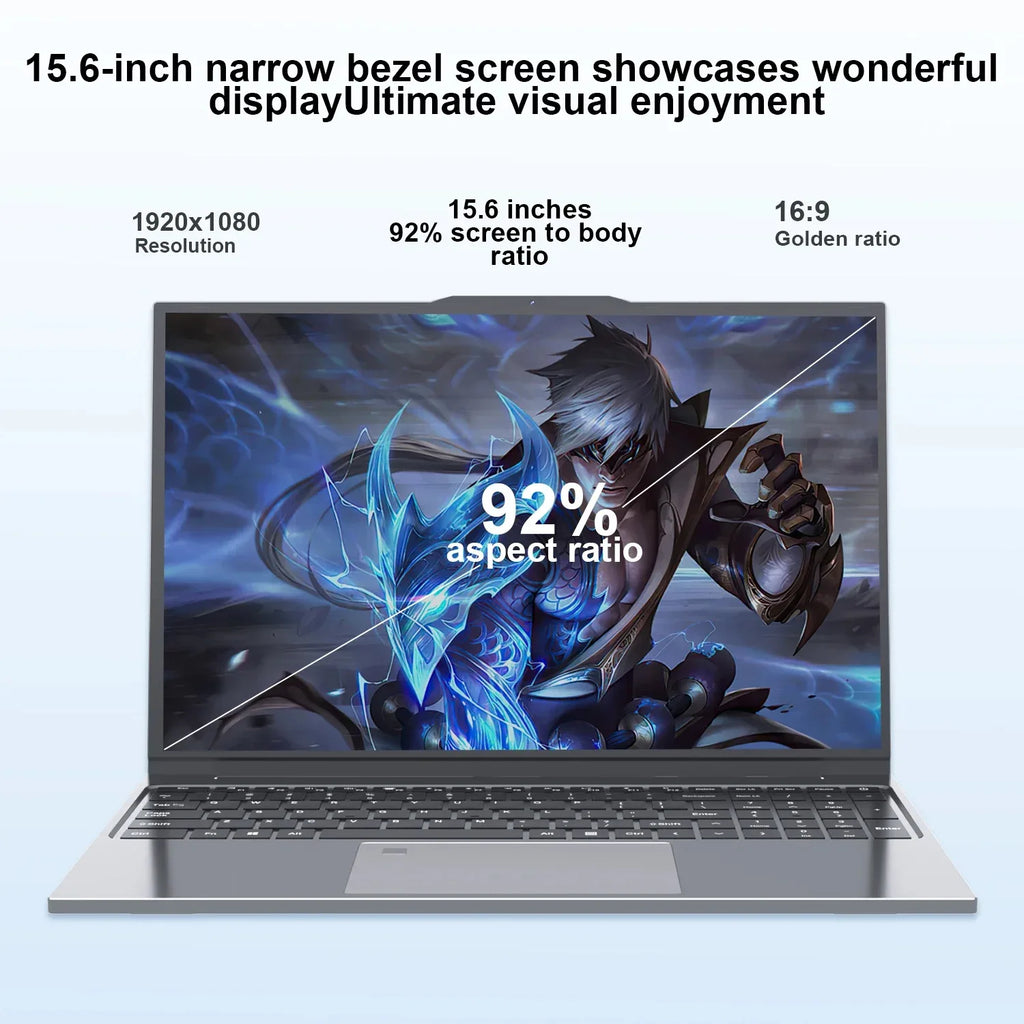 Silver 15.6-inch laptop with a slim-bezel Full HD screen and a 92% screen-to-body ratio for an immersive display.