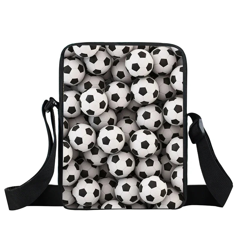 Rectangular black-strapped crossbody bag featuring a black and white soccer ball pattern.