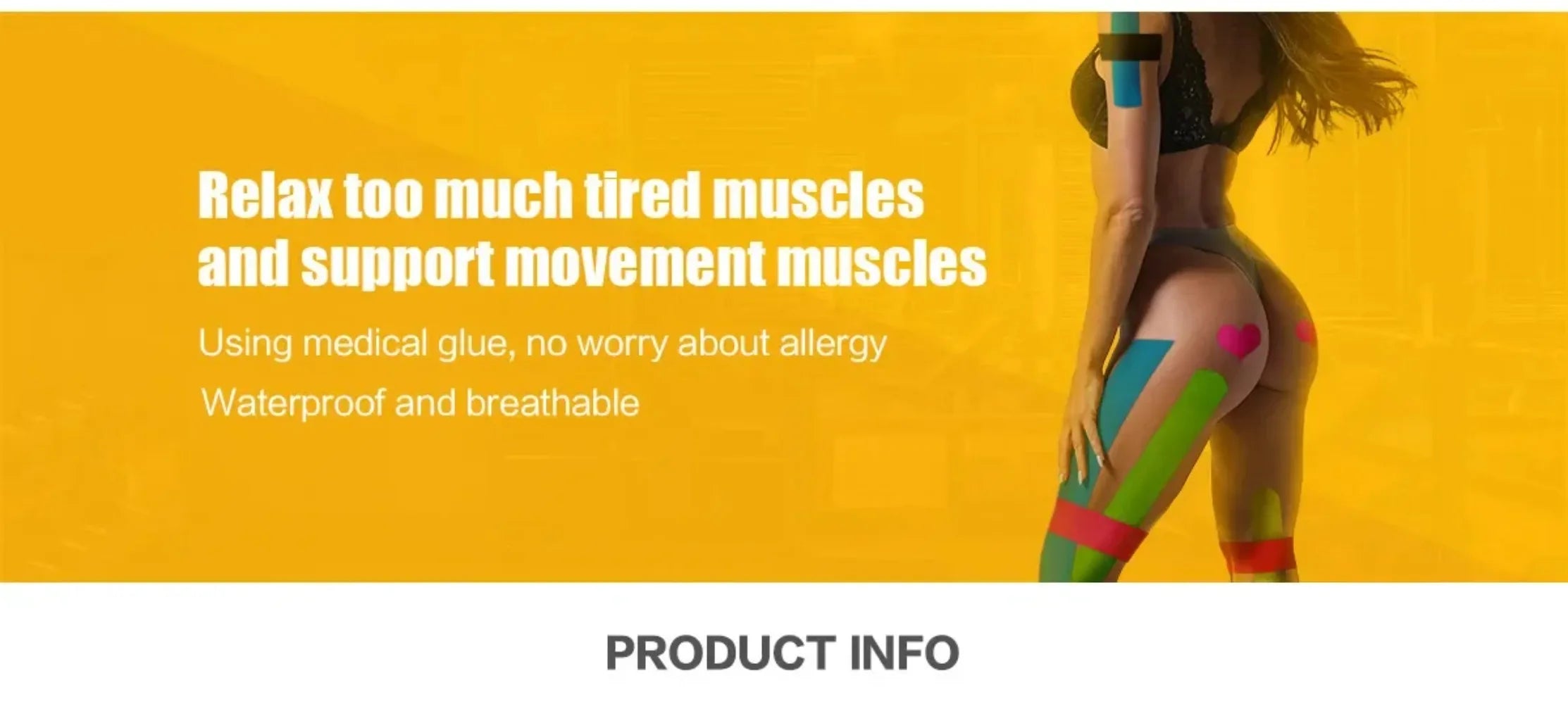 A person wearing colourful kinesiology tape on their leg, hip, and arm against a yellow background.