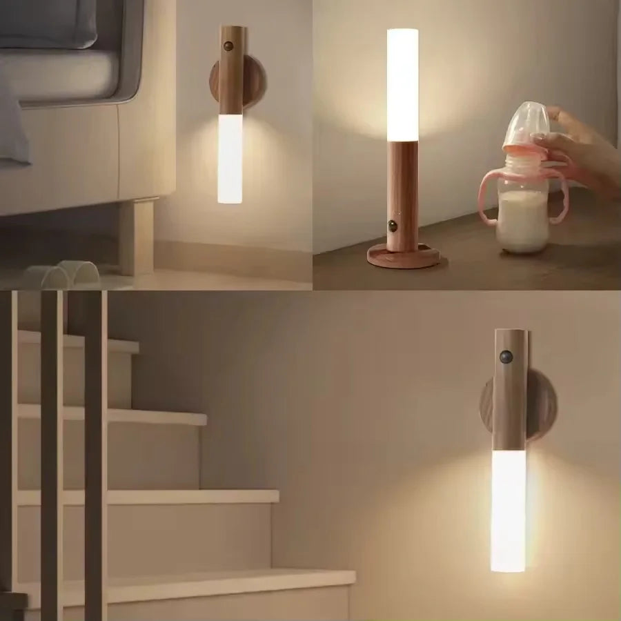 Rechargeable wooden-style LED night light with motion sensor, shown mounted on walls and standing on a surface.