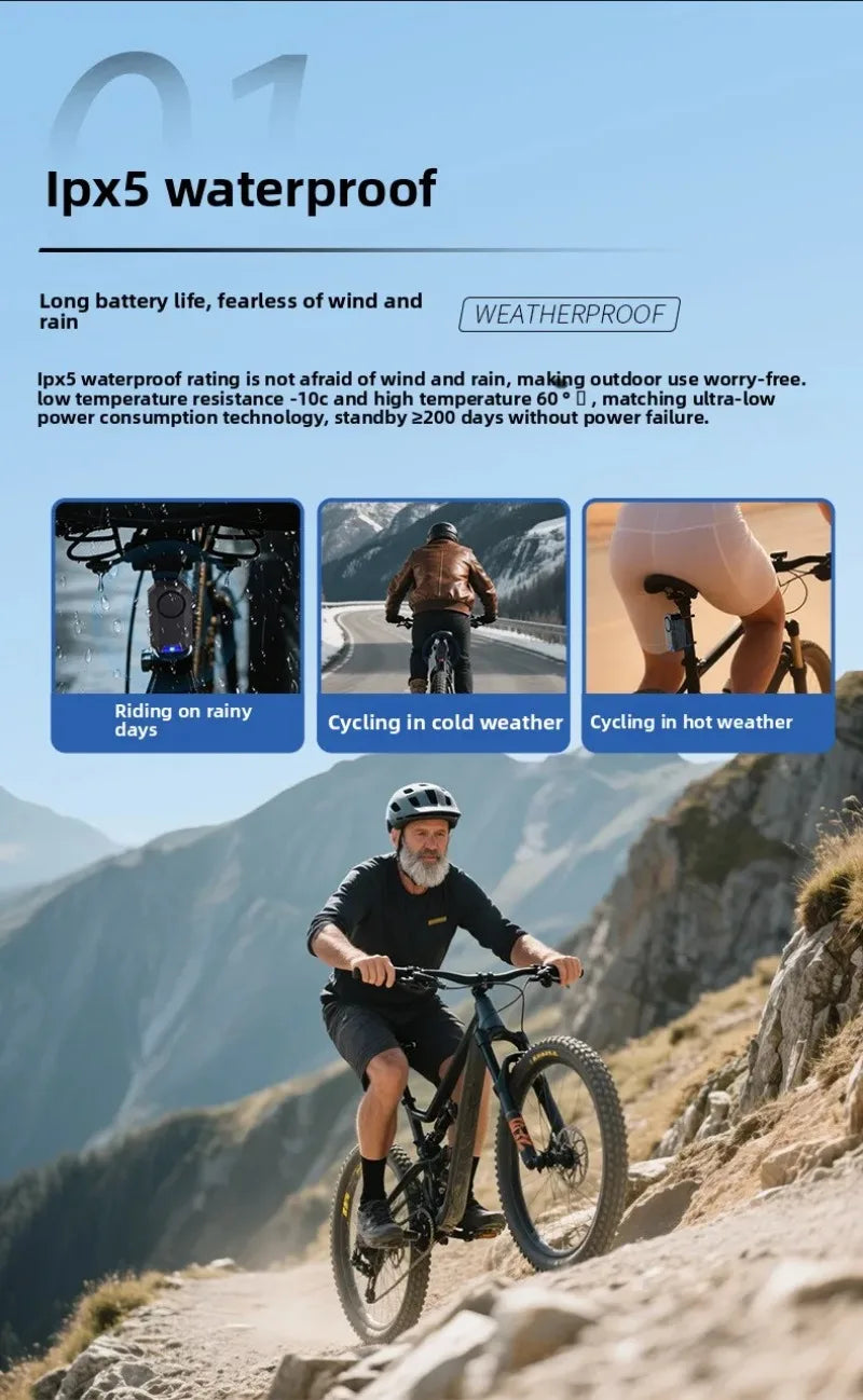 Black, weather-resistant plastic cycling accessory mounted on a bike, shown in various outdoor conditions.